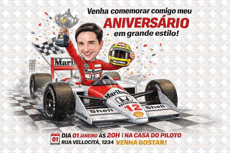 Caricatura de Homem Corredor F1 – Convite Personalizado Estilo Ayrton Senna