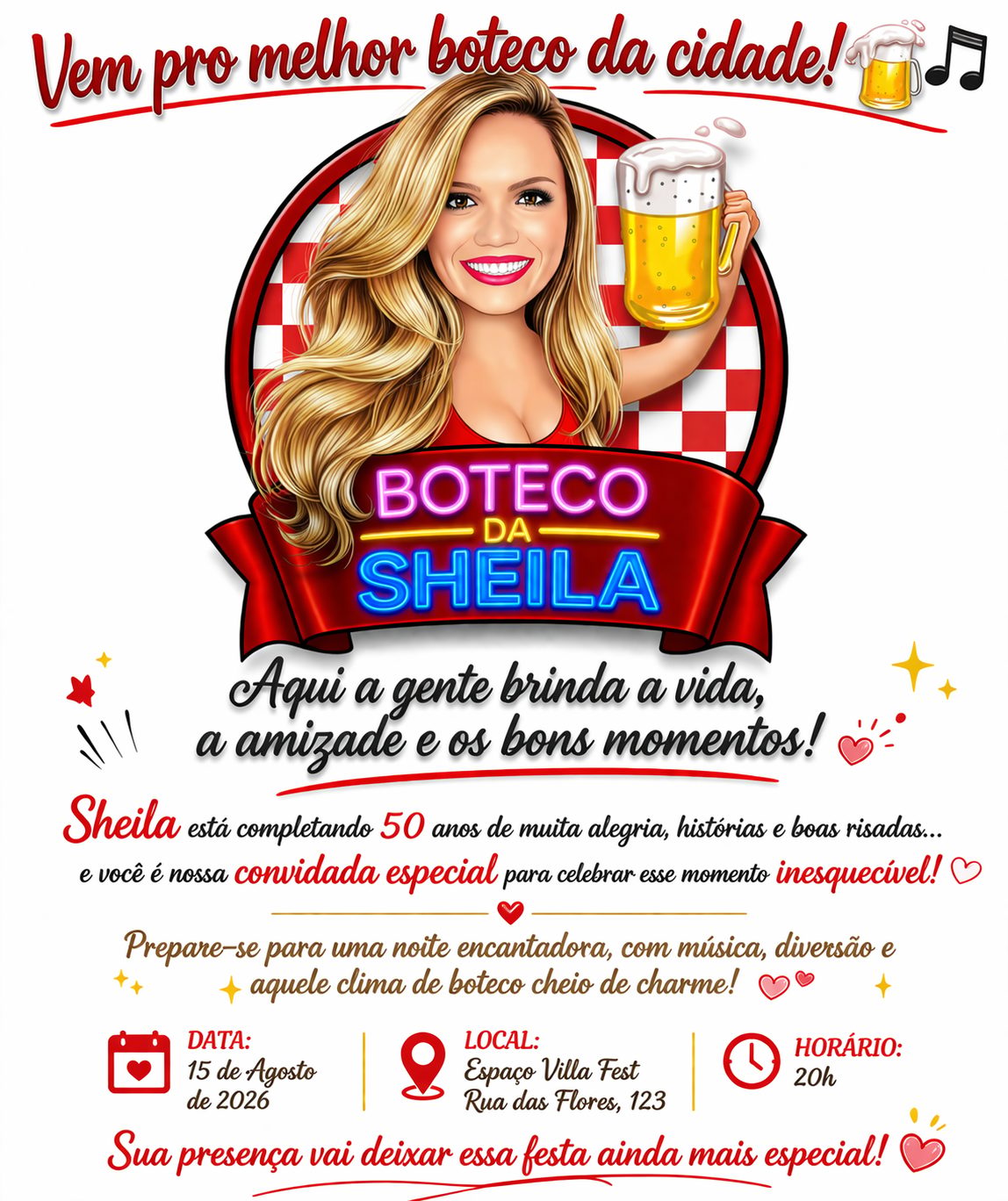 Caricatura Digital Feminina Tema Boteco | Convite Personalizado para Aniversário com Arte Exclusiva