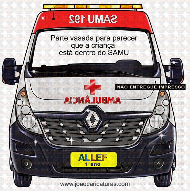 Desenho de um carro SAMU, ambulância, para o cliente imprimir banner grande vazado, e tirar fotos das crianças no volante