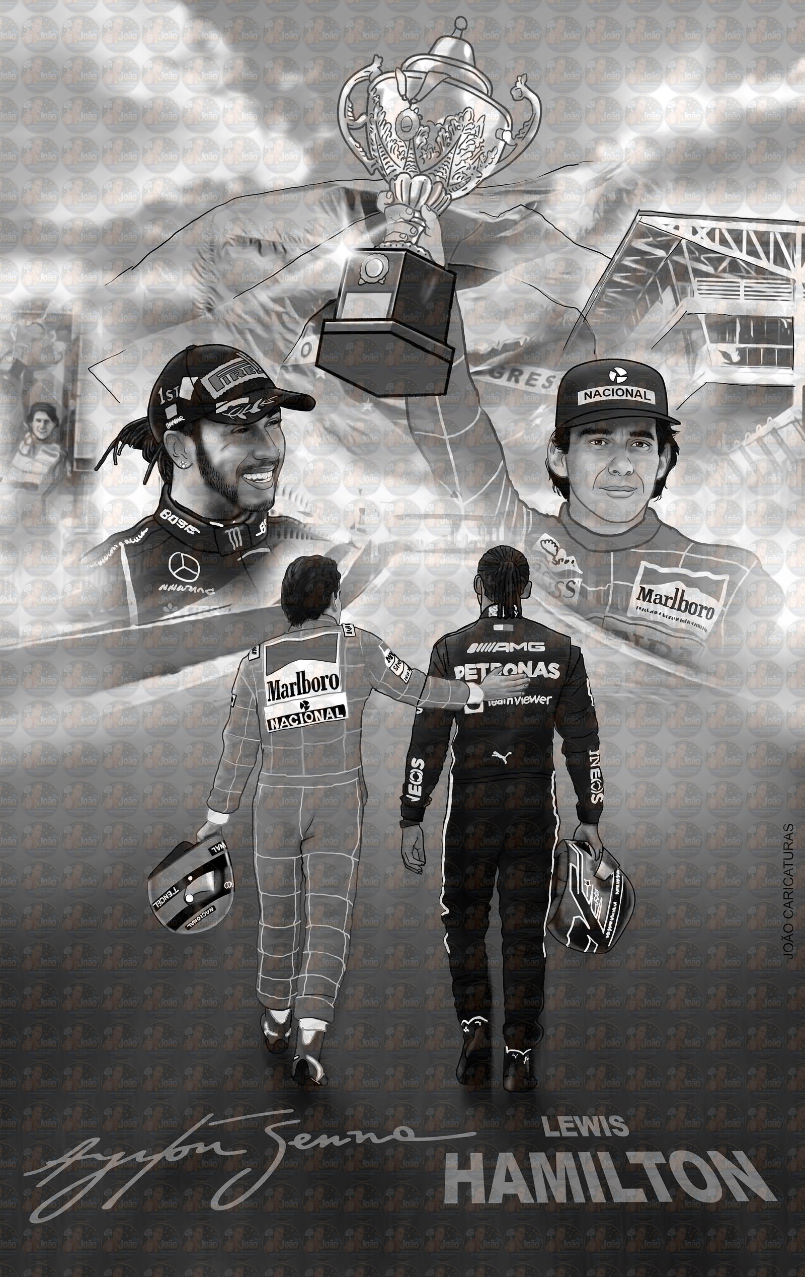 Desenho de Lewis Hamilton e Ayrton Senna Juntos, homenagem, cartaz, ilustração F1, levantando troféu, campeão, ídolo, piloto, carro de corrida, presente para papai para imprimir , famosos, autódromo