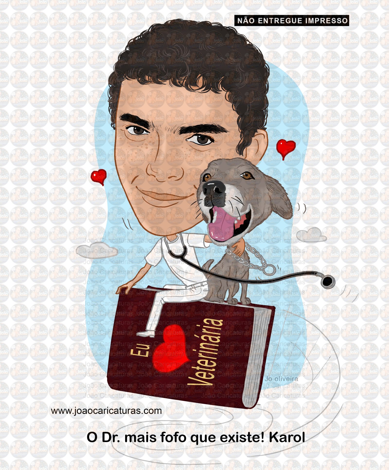 Caricaturas formando Veterinário com pet, certificado, desenho rosto idêntico, universitário, formatura, diplomados, cão