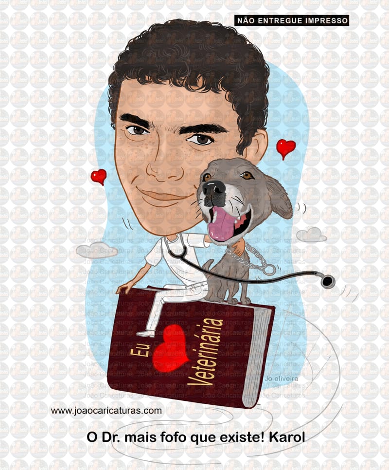 Caricaturas formando Veterinário com pet, certificado, desenho rosto idêntico, universitário, formatura, diplomados, cão
