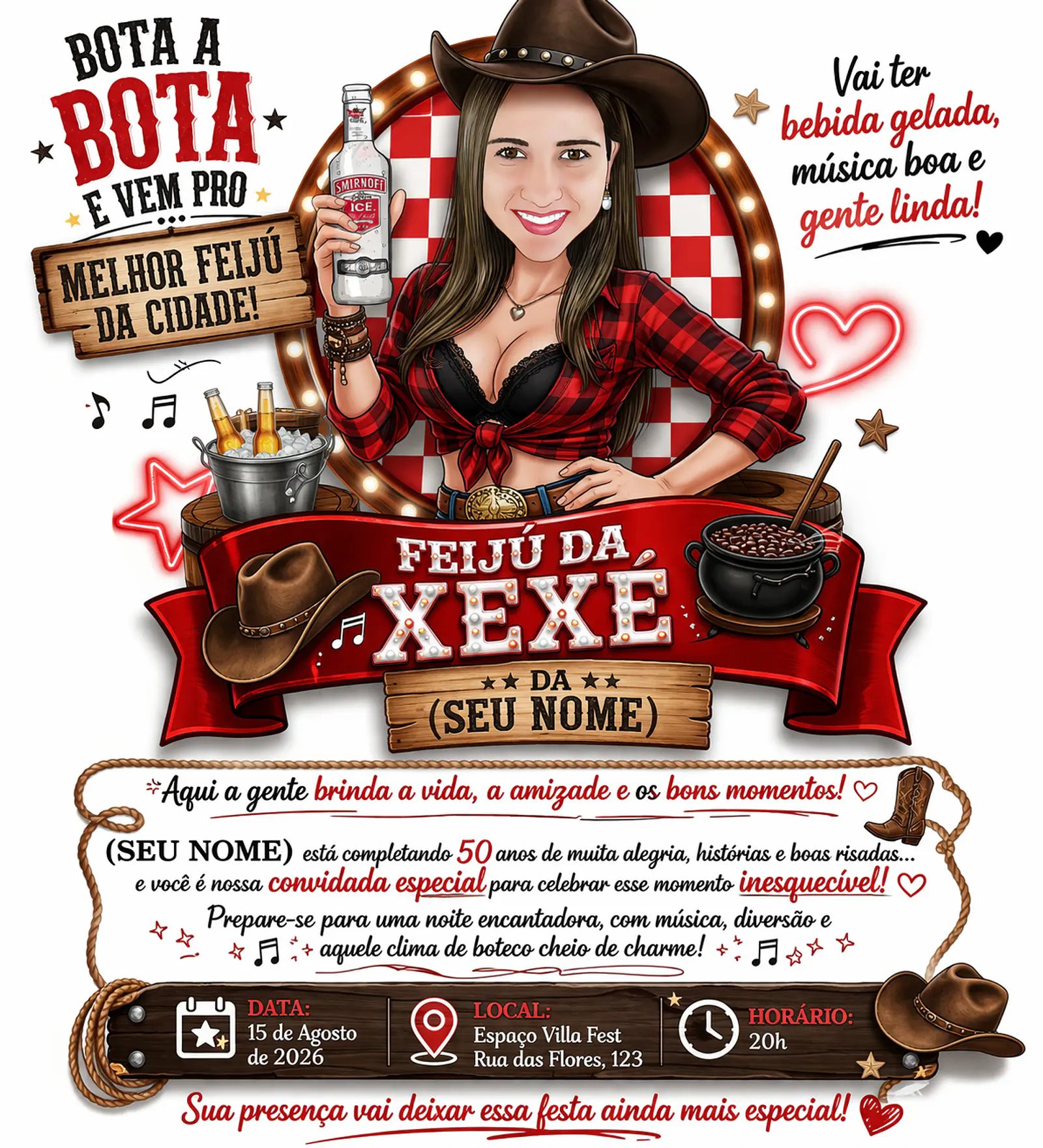 Caricatura Digital Feminina Tema Boteco | Convite Personalizado para Aniversário com Arte Exclusiva
