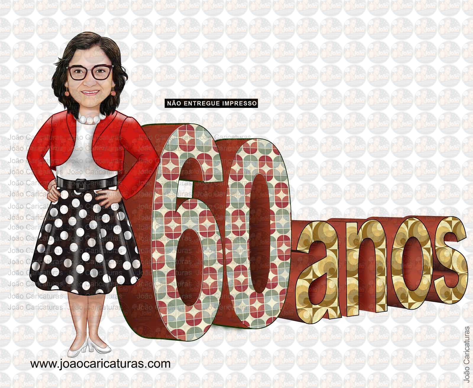 Caricatura mulher Aniversariante festa estilo anos 50 60 70 80 vestido bolinha amarelinha sra idosa velha guarda caricatura desenho letras letreiro moda vestimenta