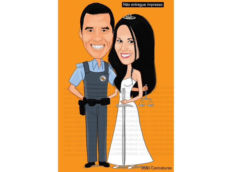 Caricaturas  casamento feita por encomenda através de fotos recebidas, desenho de casal noiva advogada e noivo polícia militar