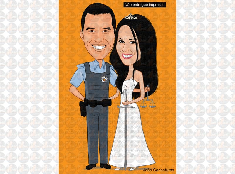 Caricaturas casamento feita por encomenda através de fotos recebidas, desenho de casal noiva advogada e noivo polícia militar