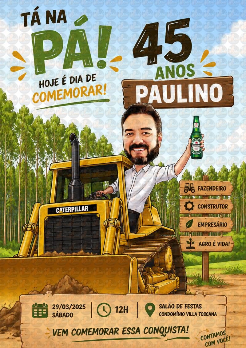 Caricatura Homem Fazendeiro Agro Negócio com Trator e Máquinas | Aniversário Personalizado