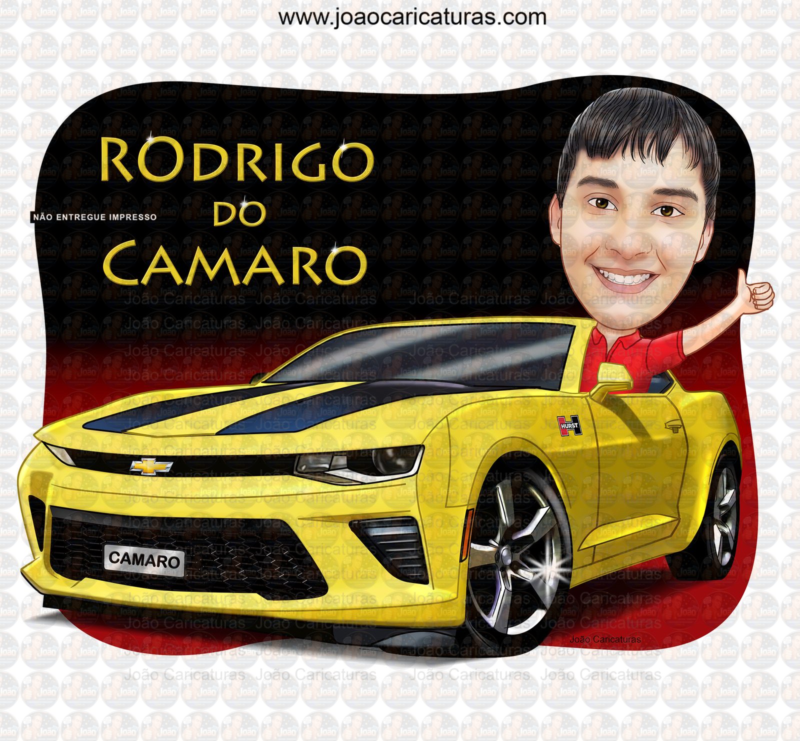 caricatura digital aniversariante dirigindo camaro amarelo carrão luxo aniversário presente qualidade adolescente arte digital enviada email p impressão