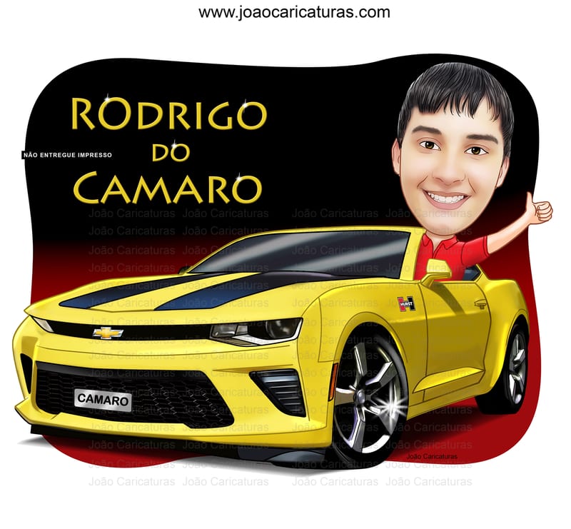 caricatura digital aniversariante dirigindo camaro amarelo carrão luxo aniversário presente qualidade adolescente arte digital enviada email p impressão