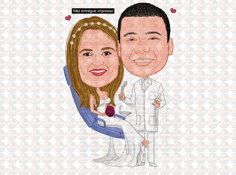 Caricaturas casamento, noivo dentista, noiva sentada no consultório na cadeira
