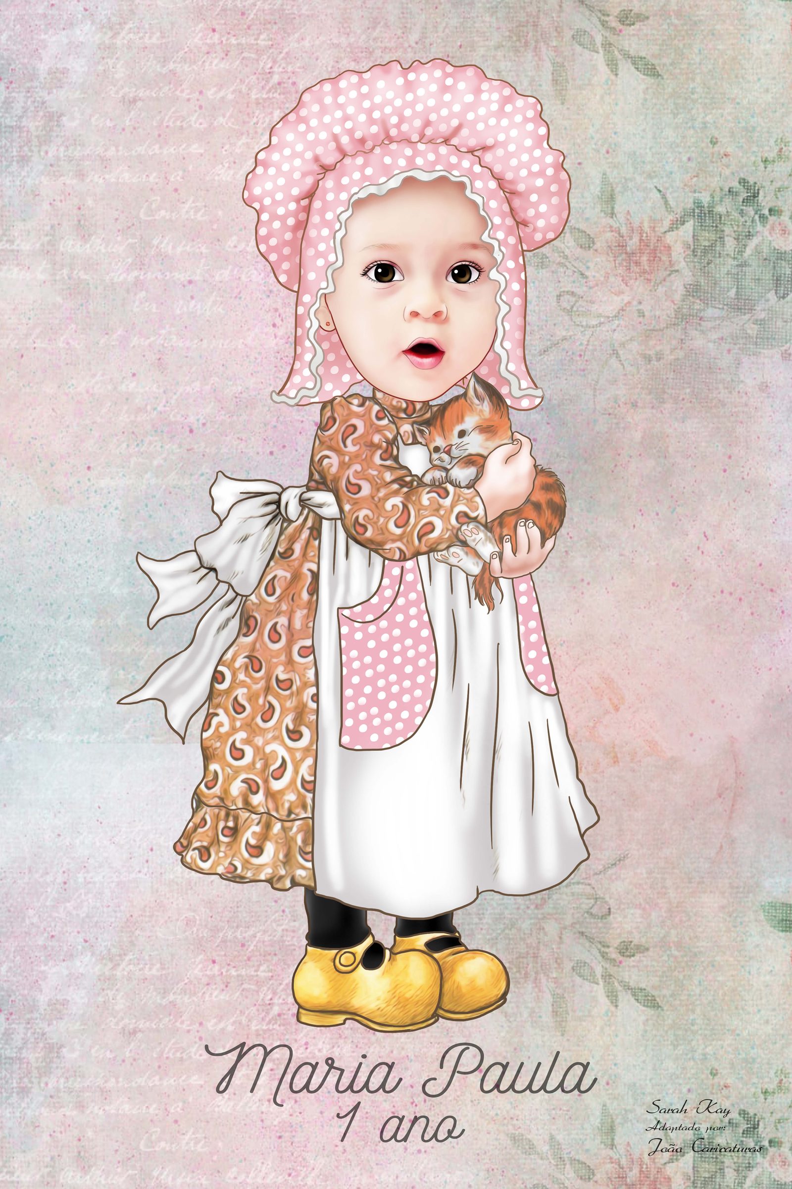 Caricatura desenho, Menina, filha, bebe, garotinha, aniversário, poster digital, estilo vintage, gatinho, arte digital,