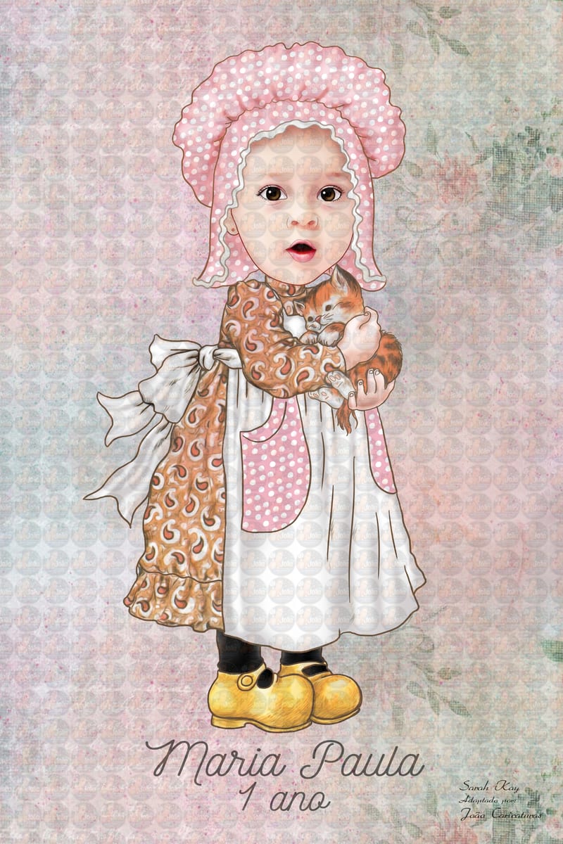 Caricatura desenho, Menina, filha, bebe, garotinha, aniversário, poster digital, estilo vintage, gatinho, arte digital,