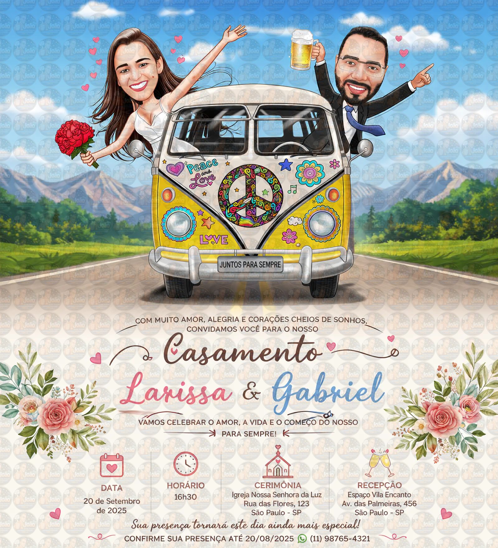 Convite Digital de Casamento com Veículos Caricatura Personalizada | Noivos Personalizados