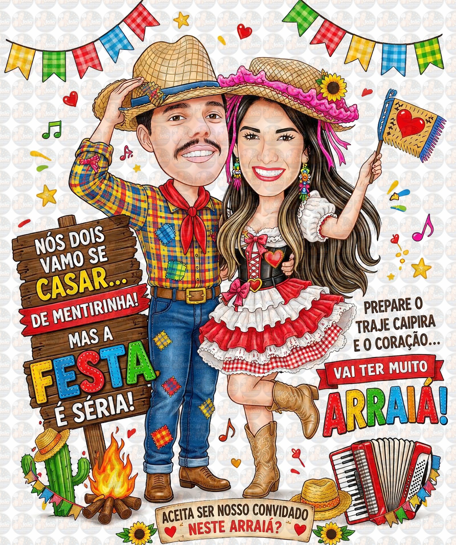 Caricatura Junina Adultos Personalizada | Casal Caipira, Festa Junina, Arraiá e Convite Digital