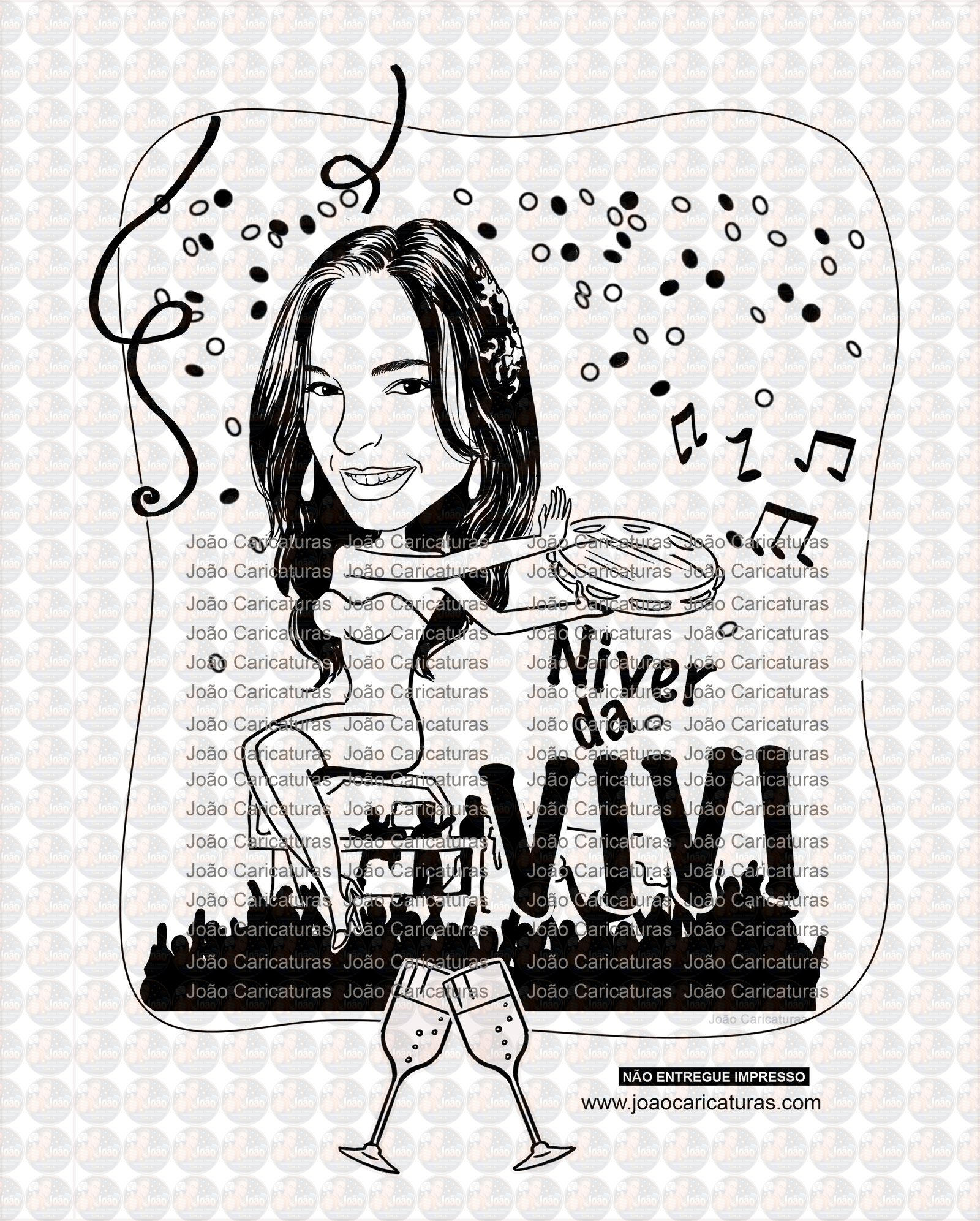 Caricatura de aniversário mulher a traço preto carnaval bloco micareta confetes música banda sem cor