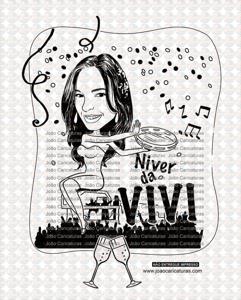 Caricatura de aniversário mulher a traço preto carnaval bloco micareta confetes música banda sem cor