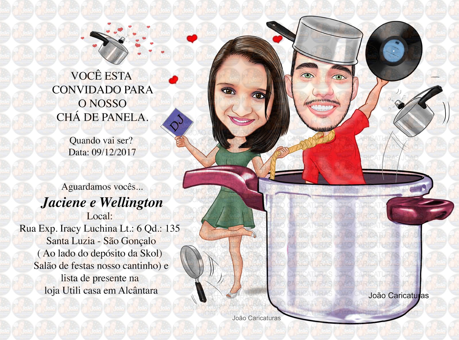 Caricaturas convite festa chá de panela casal dentro da panela comemorando