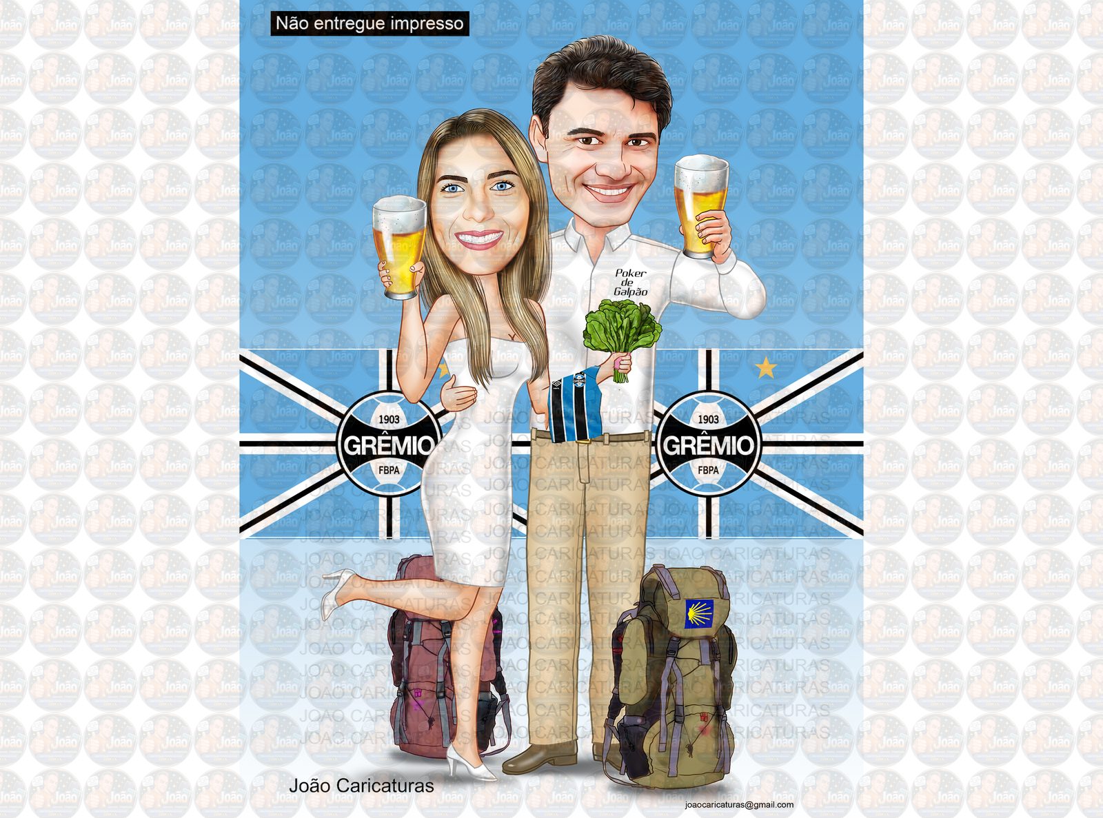 Caricaturas casal, casamento, namorados, camping, vegetariana,copo cerveja, chopp, acampamento, trilhas, esportista, torcedores gremistas, time grêmio, presente, bodas, aniversário.