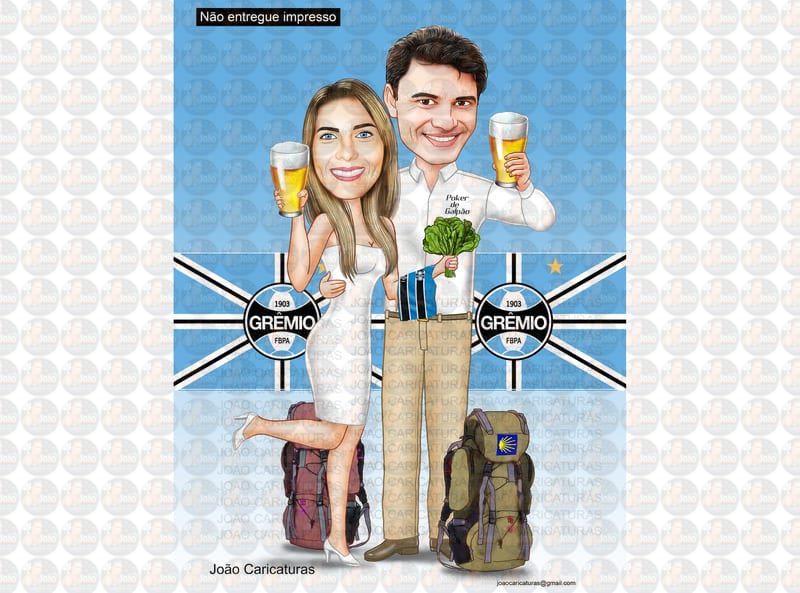Caricaturas casal, casamento, namorados, camping, vegetariana,copo cerveja, chopp, acampamento, trilhas, esportista, torcedores gremistas, time grêmio, presente, bodas, aniversário.