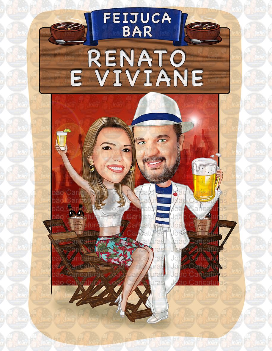 Caricatura convite Digital -Tema boteco duplo, casal, pandeiro, roda samba, pagode, musica ao vivo, banda, ambiente bar, barzinho, casa show,apaixonados,aniversário, convite duplo,