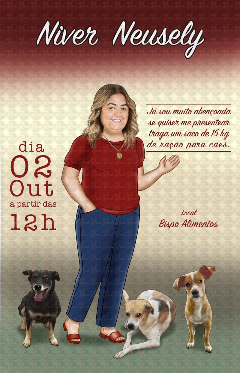 Convite com caricaturas aniversário, mulher, apaixonada por cães, pets, digital, para enviar pelo zap, festa, animais
