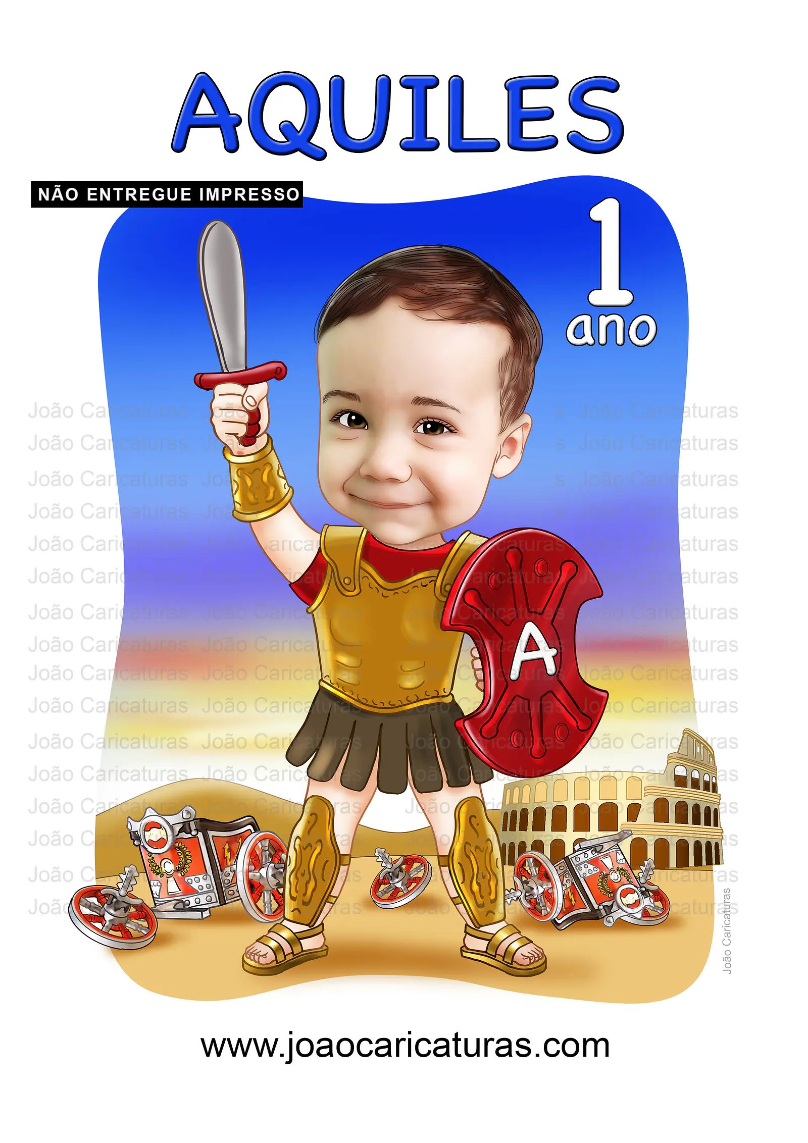 Caricatura bebê, gladiador, Aquiles, maximo, Guerreiro, tròia, 1, 2, 3, 4, 5 anos, Roma, espada, escudo, linda, exatamente igual, criança,menino