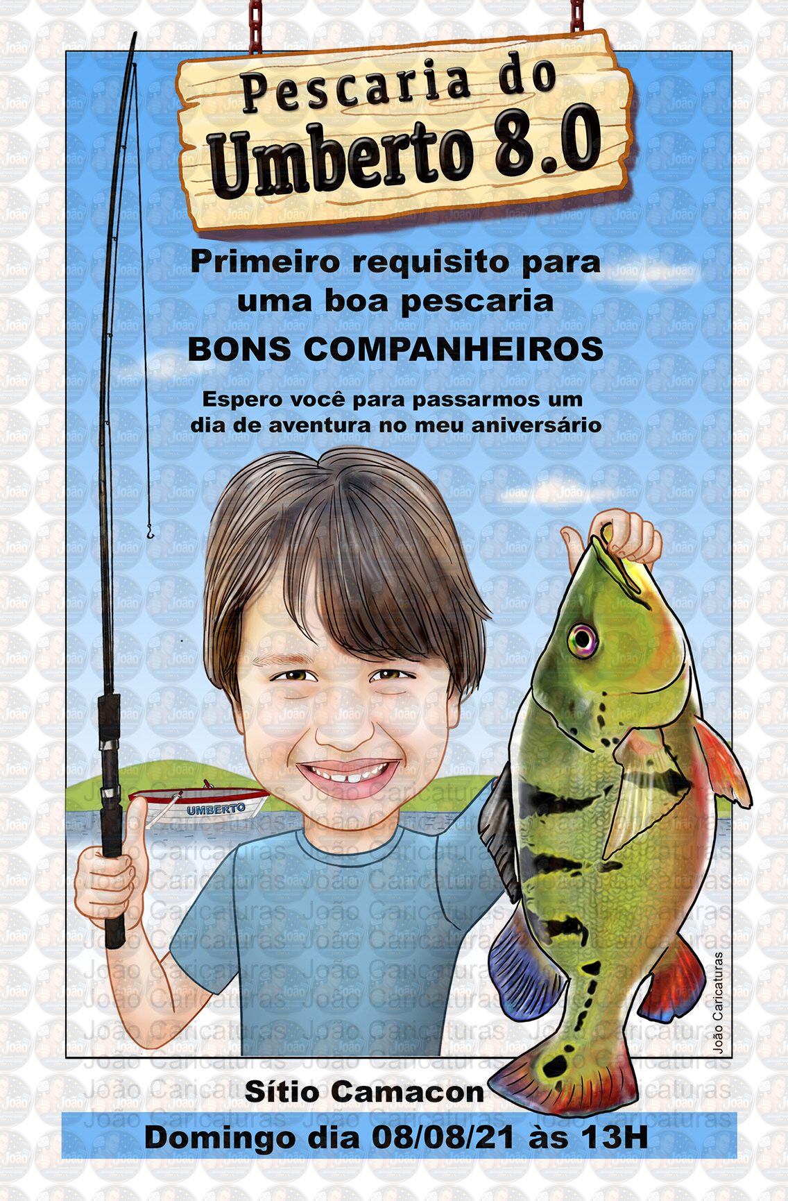 Caricatura criança aniversário festa infantil no tema pescaria, caricatura pescando, pescador, segurando o peixe e a vara de pesaca