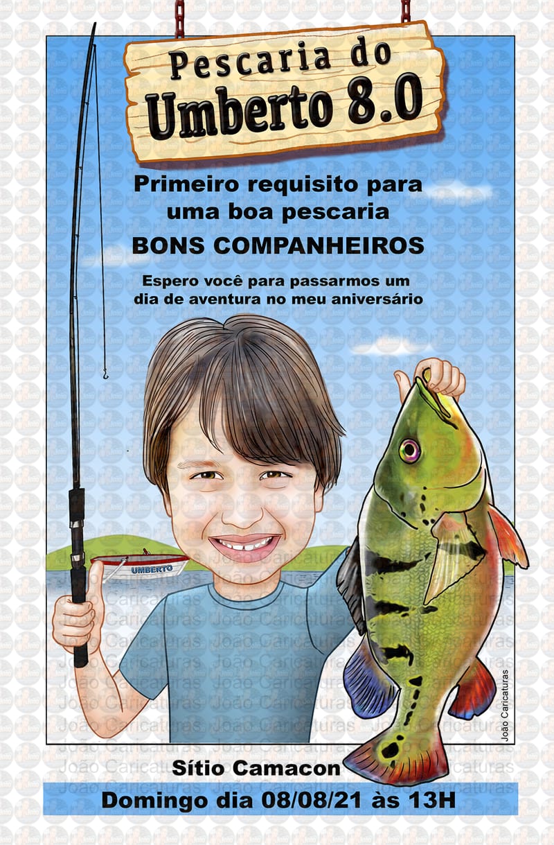 Caricatura criança aniversário festa infantil no tema pescaria, caricatura pescando, pescador, segurando o peixe e a vara de pesaca