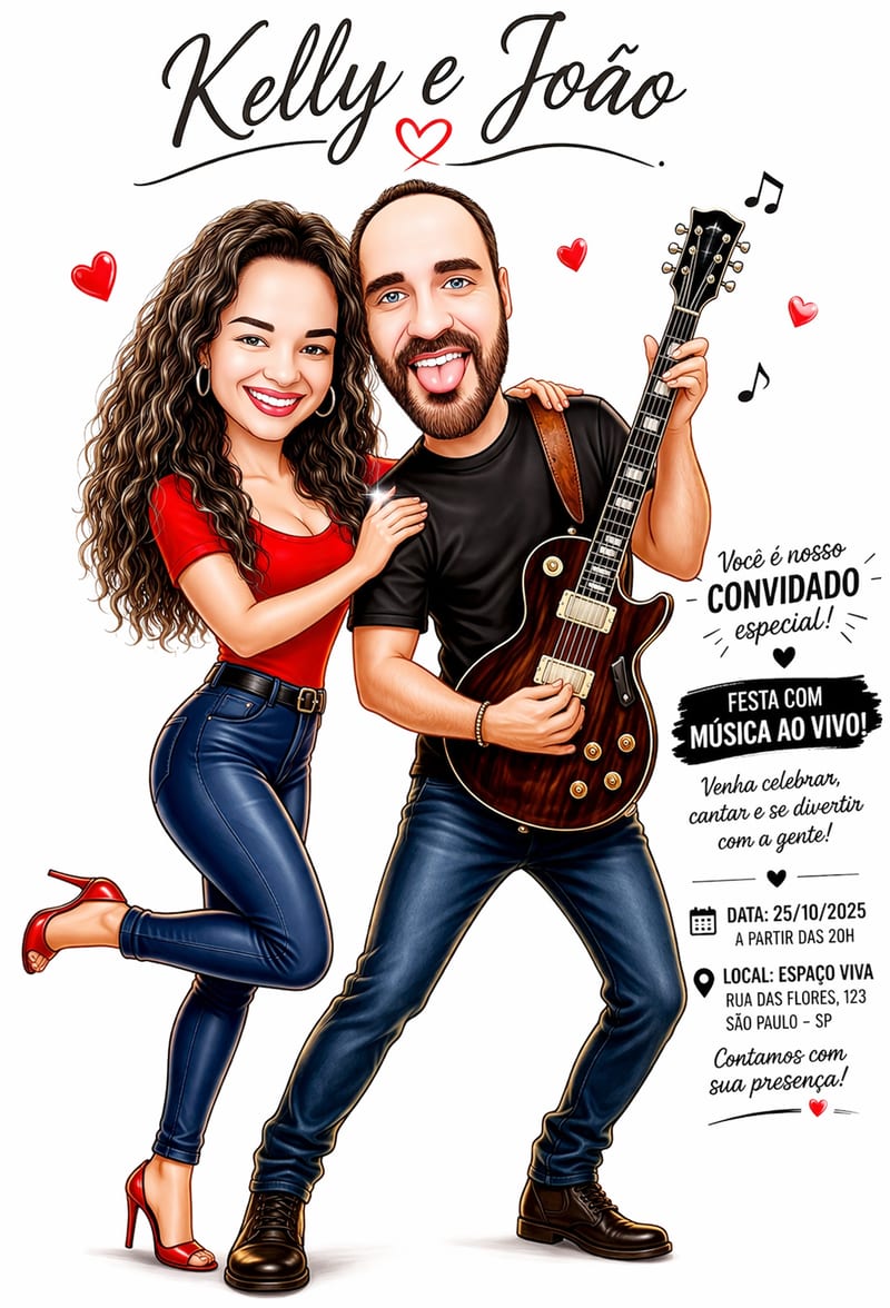 Convite Caricatura Casal Casamento Namorados Tocando ao Vivo Violão Guitarra Músico Guitarrista Artista Musical
