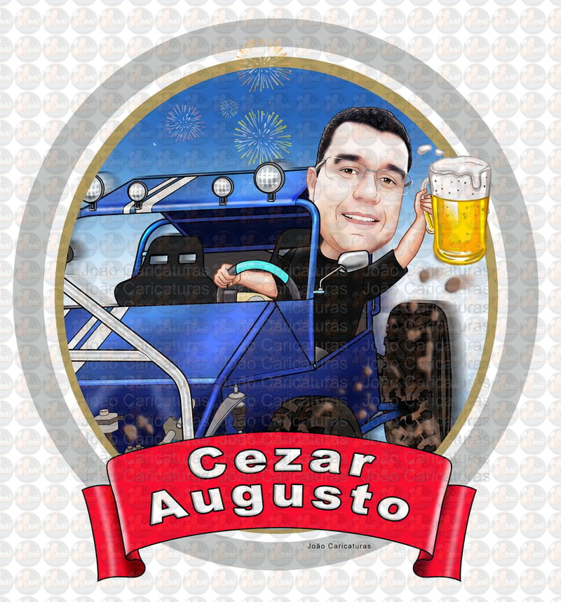 caricatura digital aniversariante dirigindo carro trilha, carro aranha, gaiola, off road, jipe, quadriciclo, dirigindo, pilotando