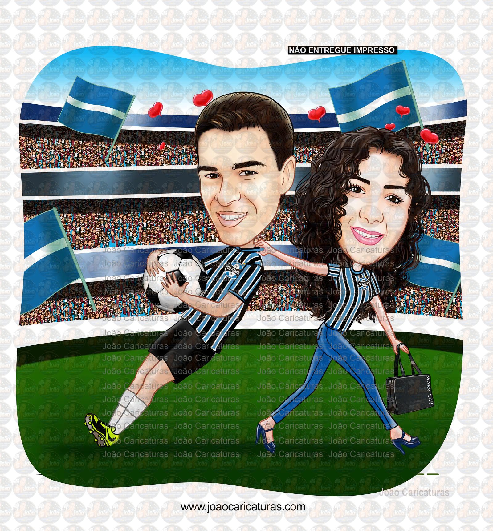 Caricatura digital de casal bodas namorados namoro abraçados aniversário camisa time grêmio celular cerveja chopp rosto normal Santos. gostosa internacional times sereia mulherão