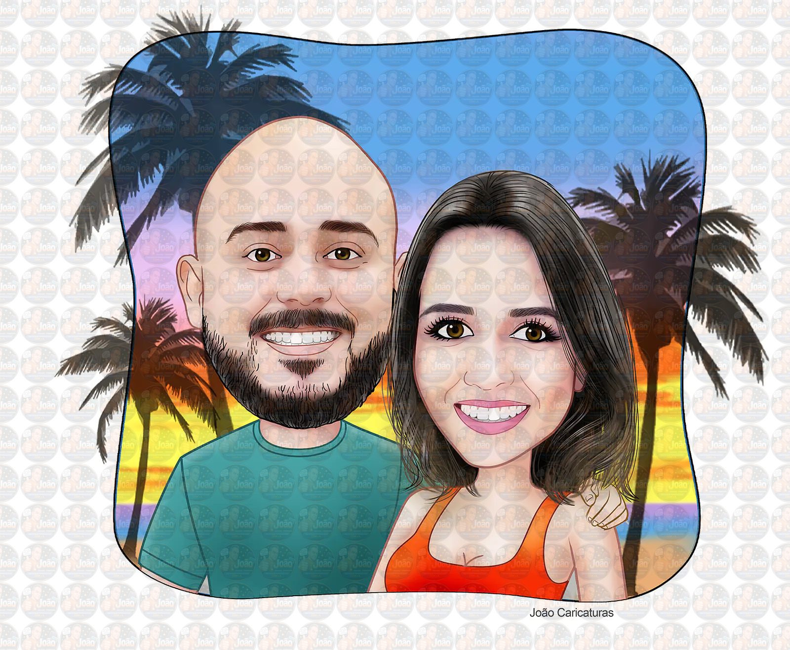 Linda caricatura digital de casal namorados namoro abraçados aniversário festa presente luar príncipe juntinhos crush moderna realista, caprichada rosto normal natura traços perfeitos idênticos, praia