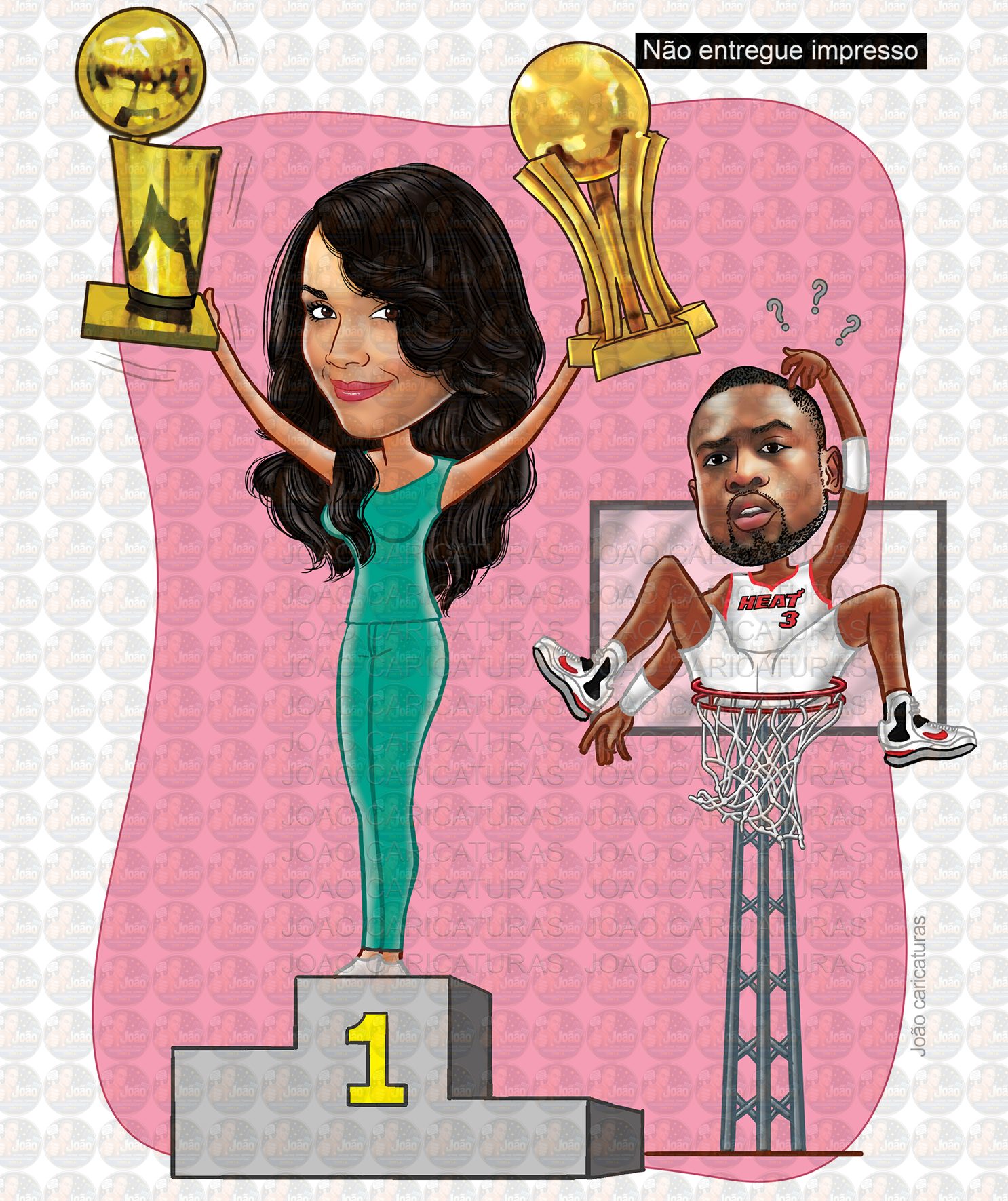 Caricatura namorada vitoriosa segurando trófeu de basquet namorado dentro da cesta campeã primeira colocada
