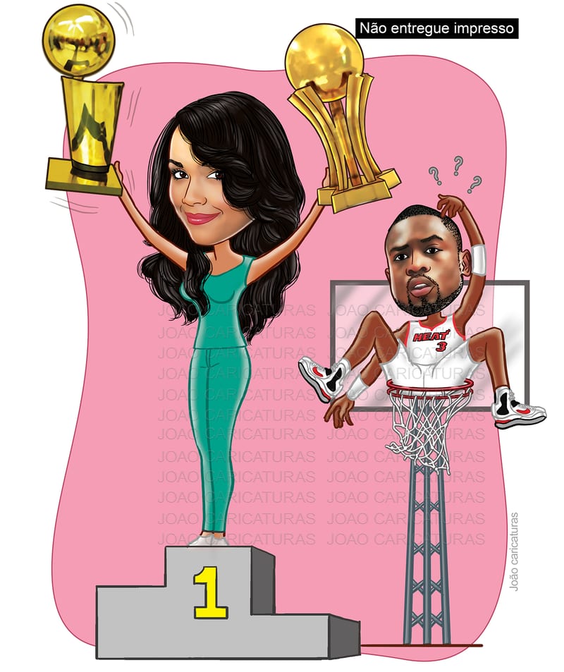 Caricatura namorada vitoriosa segurando trófeu de basquet namorado dentro da cesta campeã primeira colocada