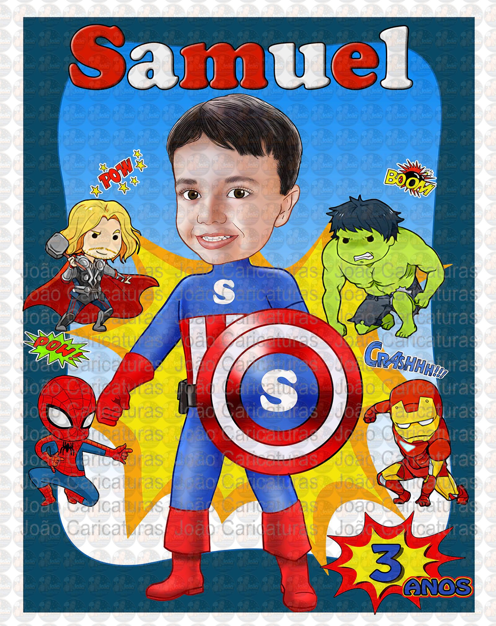 Caricatura digital Caricatura Aniversário heróis super menino garoto boy vingadores avenger Capitão América hulk, homem de ferro, hopmem aranha, thor