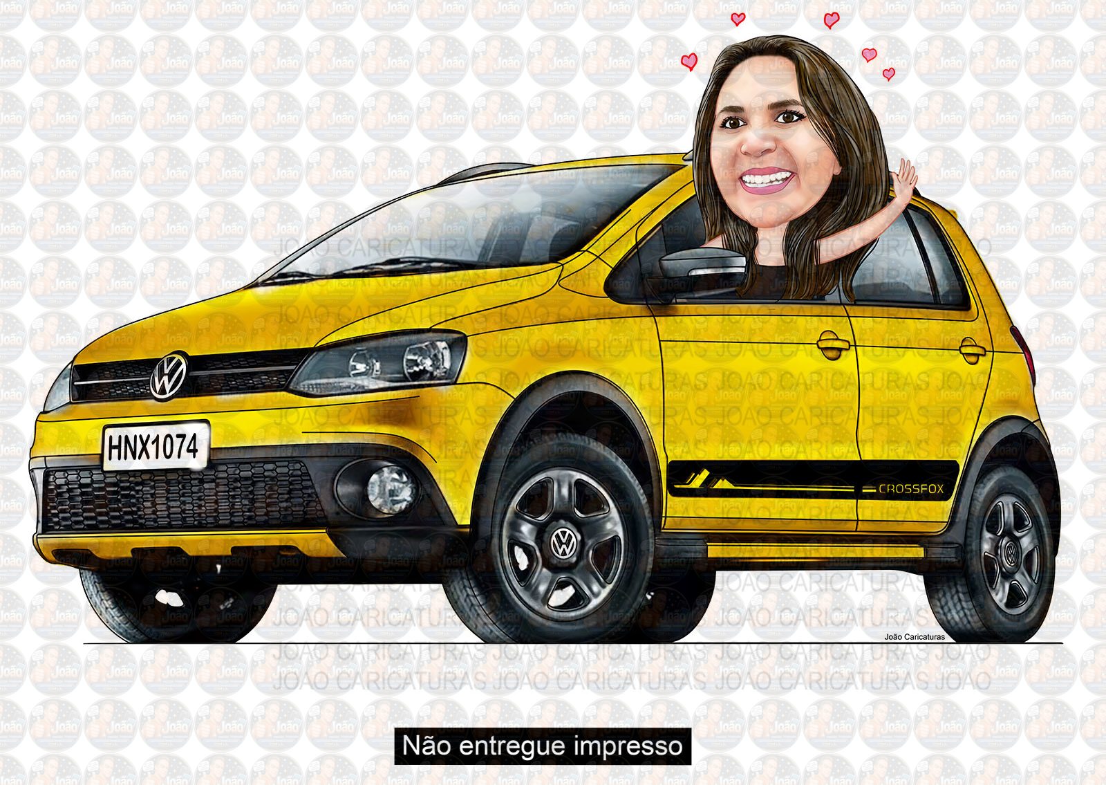 Caricatura mulher no crossfox carro Sandero stepway caiaque comemorando novo amarelo aniversário dirigindo veículo desenhado apaixonada por carros