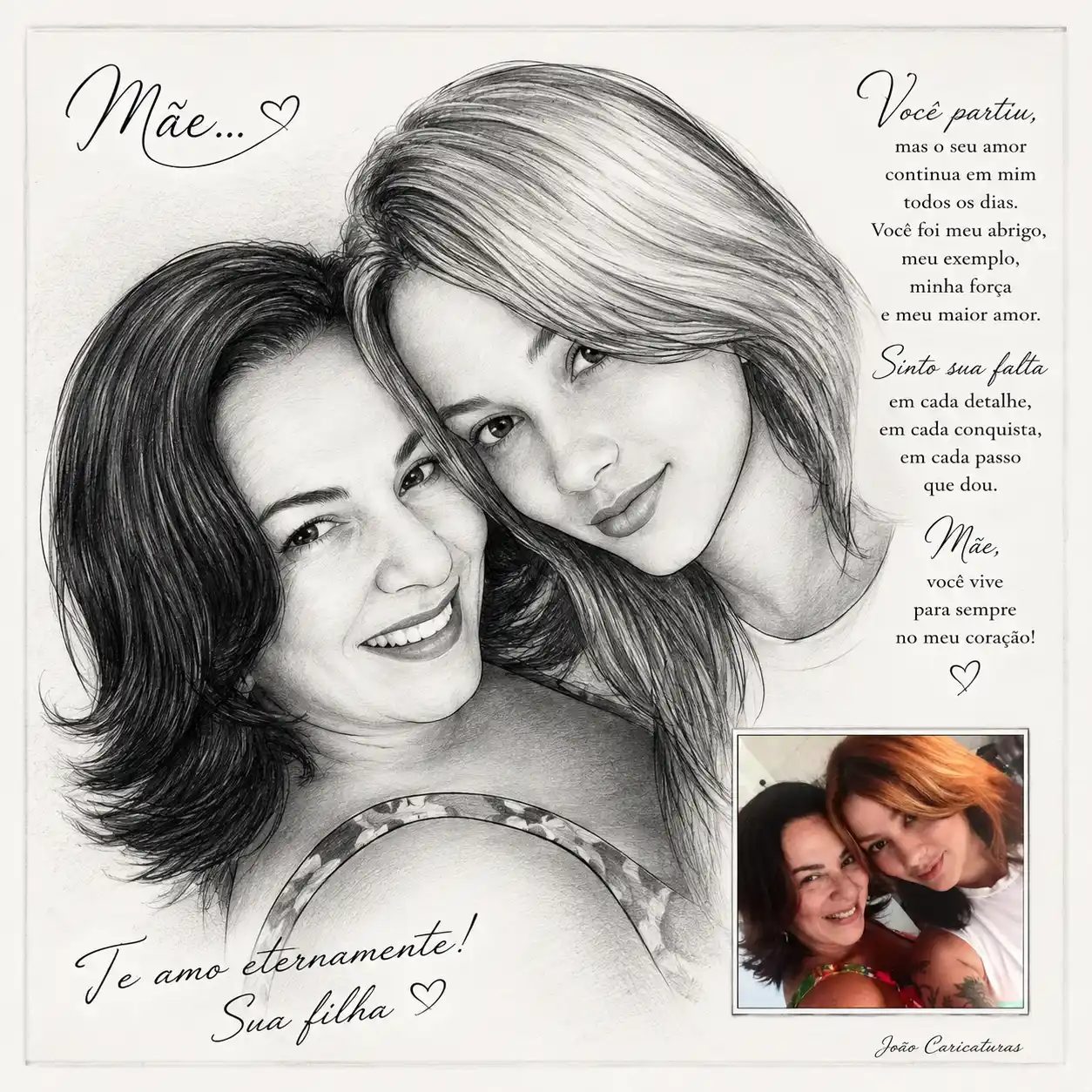 Caricatura Digital em Grafite – Homenagem In Memoriam para Mãe, Filha, Irmã ou Amiga