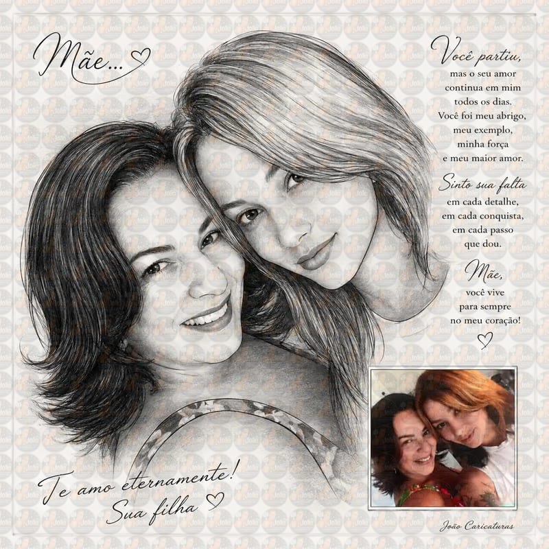 Caricatura Digital em Grafite – Homenagem In Memoriam para Mãe, Filha, Irmã ou Amiga