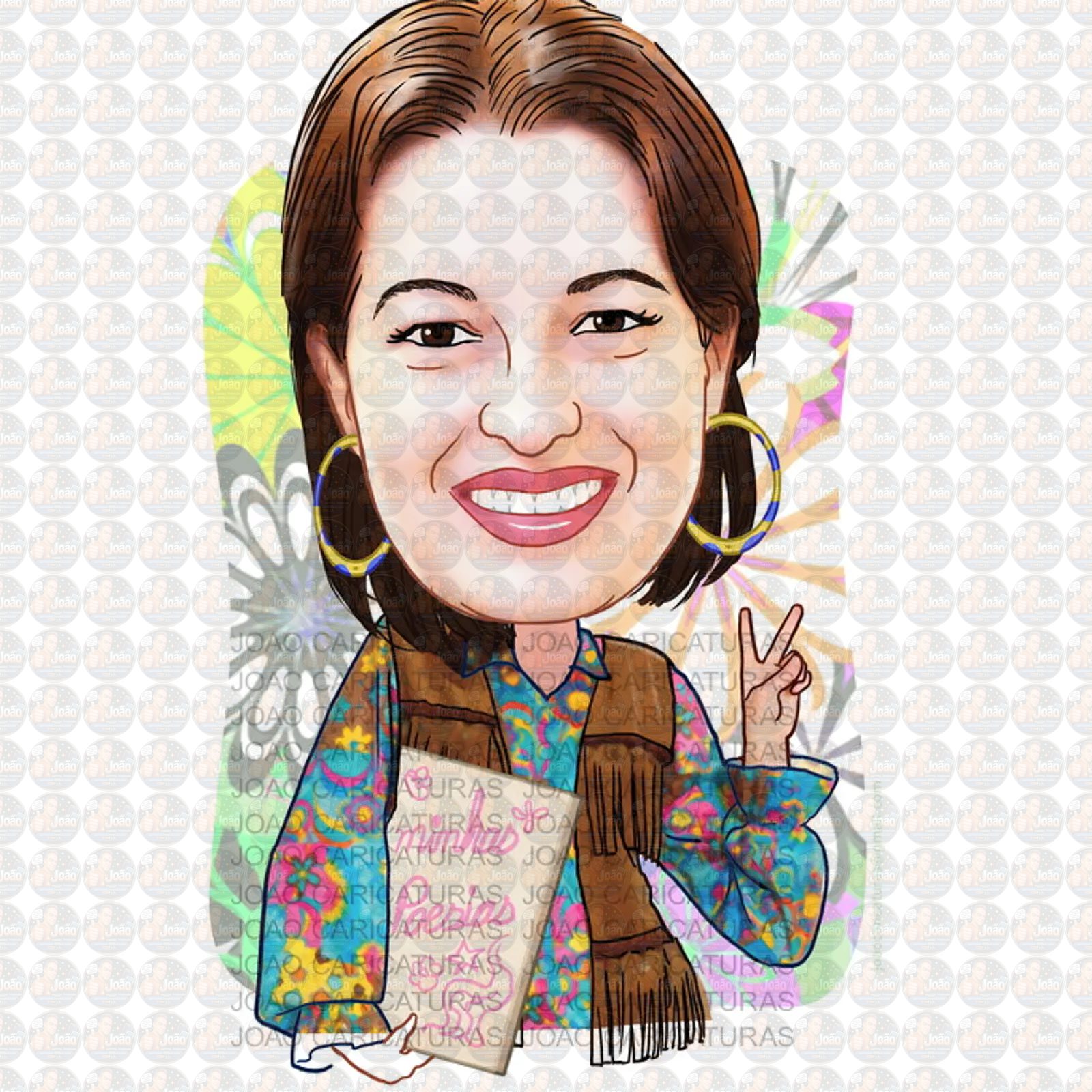 Caricatura aniversário mulher mãe, tia, irmã senhora, dirigindo kombi, hippie, 1960 e 1970, paz e amor, psicodélico, antiga, perua