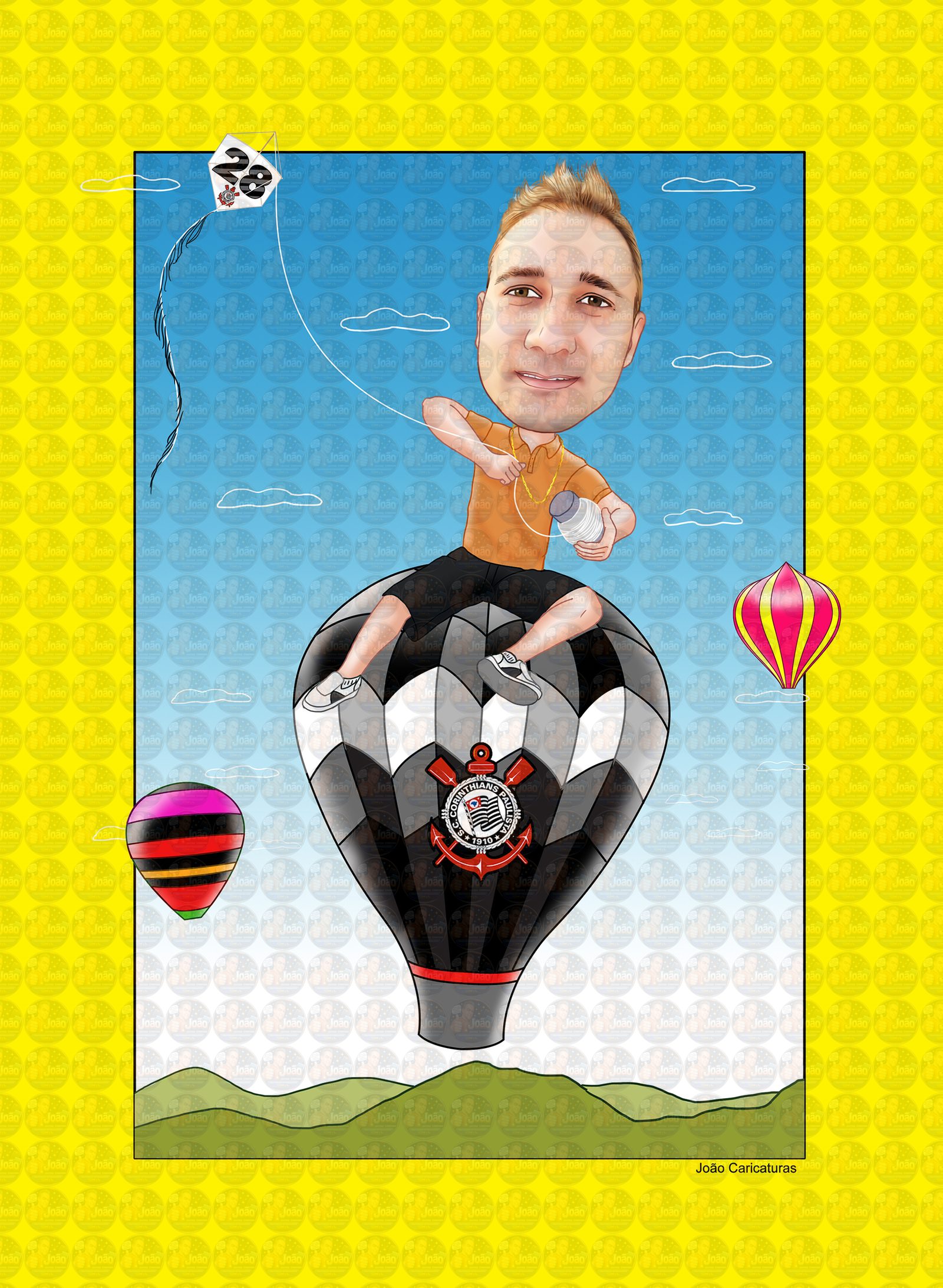 Caricatura aniversário empinado pipa, soltando balão, corinthianos, idade