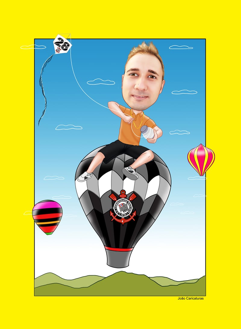Caricatura aniversário empinado pipa, soltando balão, corinthianos, idade