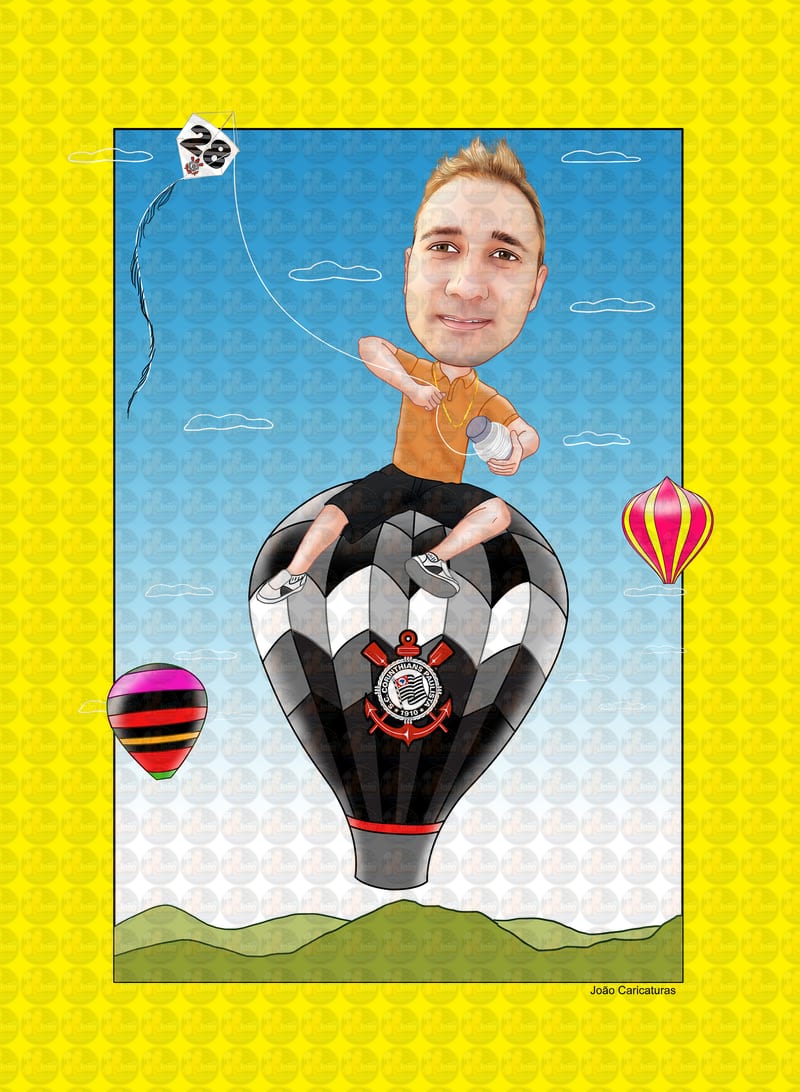 Caricatura aniversário empinado pipa, soltando balão, corinthianos, idade