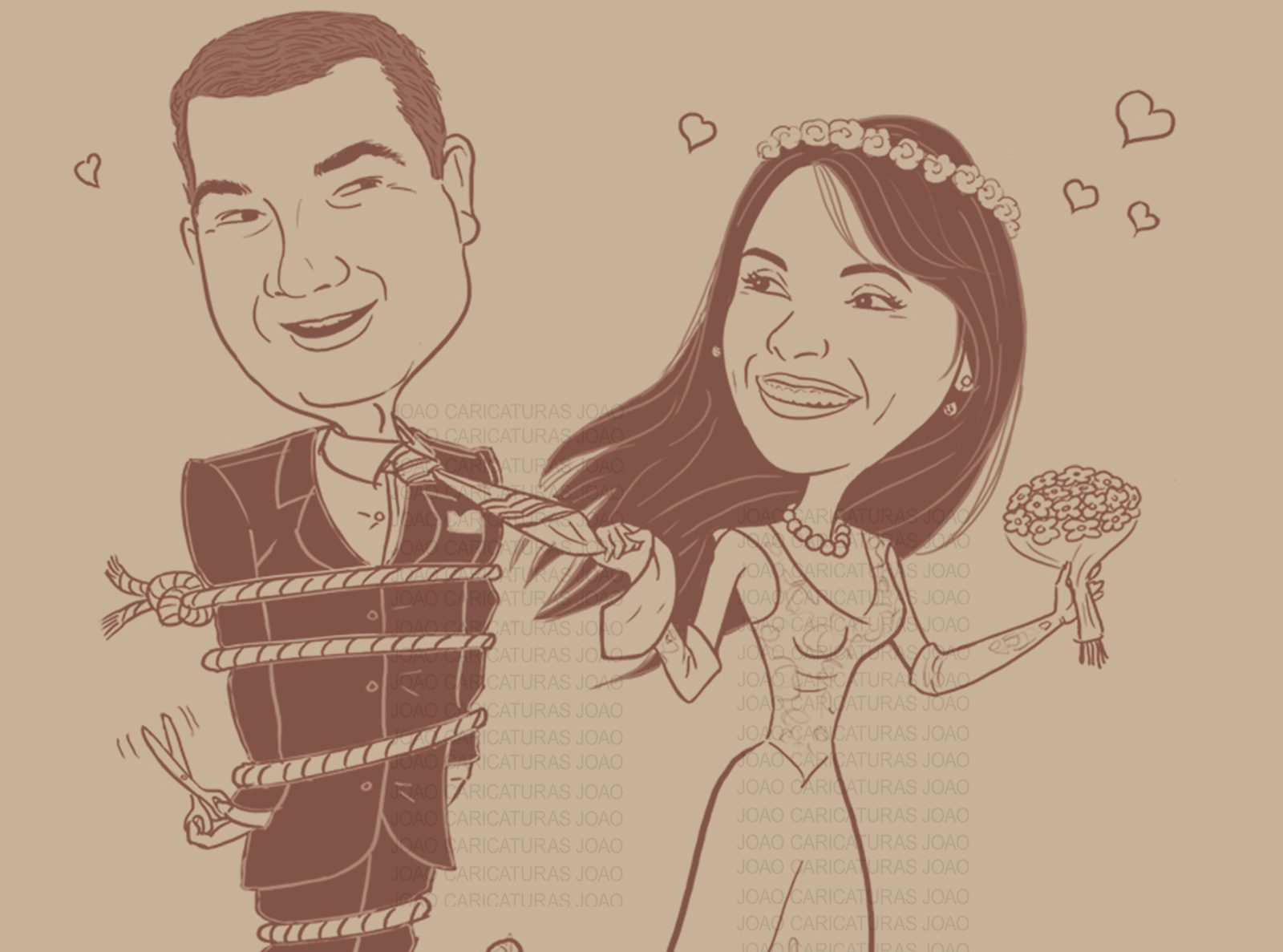 Caricatura casal traço sem cor corel casamento com pandeiro, noivo, noiva enfermeira, vetor, vetorial, 1 cor, puxando gravata, igreja,