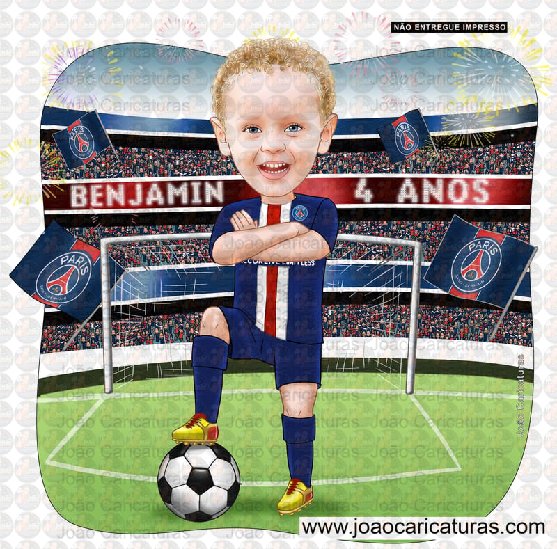 Caricatura digital de menino, tema futebol, time, internacional, Paris saint germain, garoto com bola, craque, estádio, torcida, aniversariante, uniforme do time, banner p decoração,