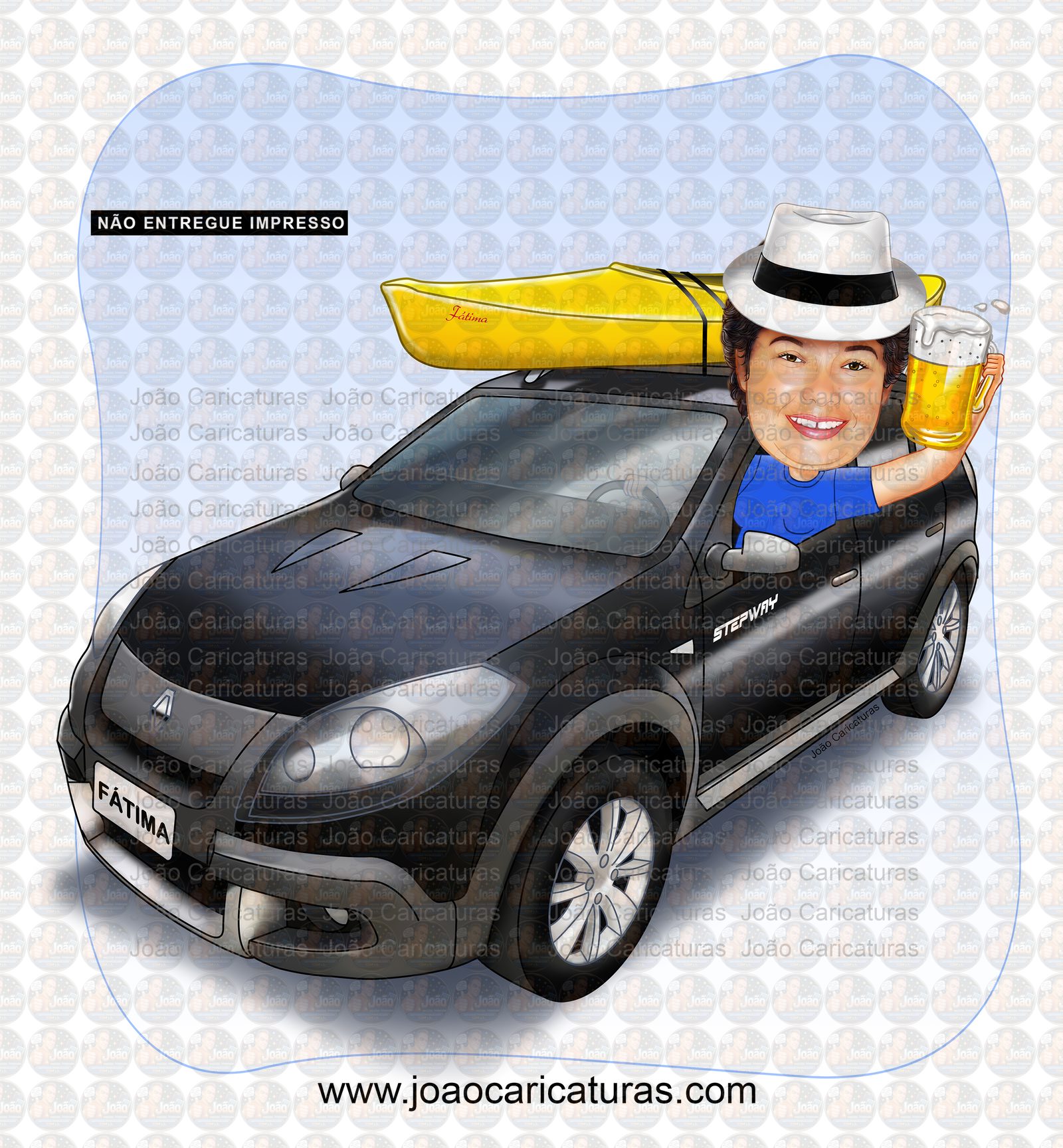 Caricatura mulher no crossfox carro Sandero stepway caiaque comemorando novo amarelo aniversário dirigindo veículo desenhado apaixonada por carros