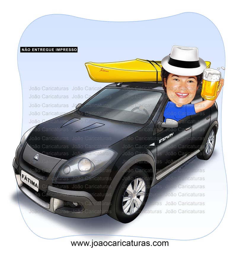 Caricatura mulher no crossfox carro Sandero stepway  caiaque comemorando novo amarelo aniversário dirigindo veículo desenhado apaixonada por carros