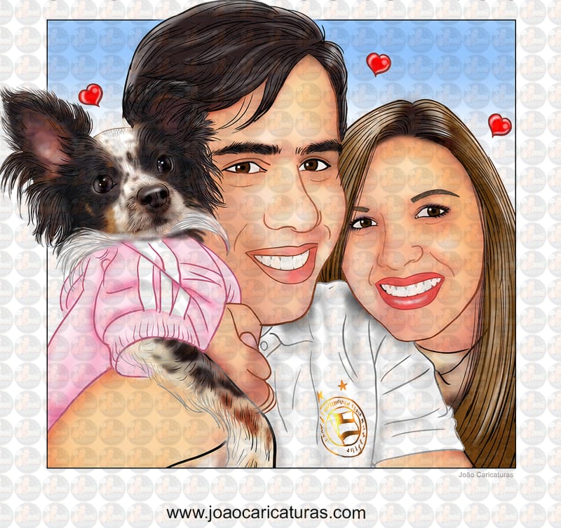 Caricatura digital de casal namorados namoro abraçados aniversário festa presente juntinhos crush moderna realista rosto normal natura traços perfeitos idênticos cão dog cachorro pet