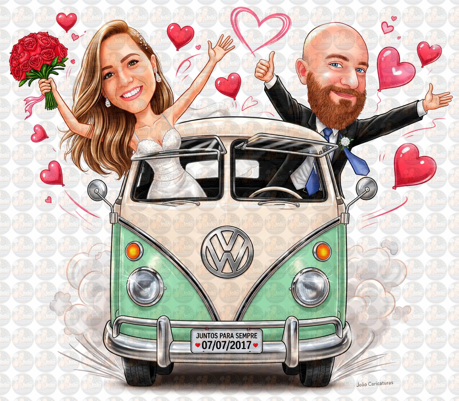 Caricatura de Casamento com Carro Personalizada – Noivos Dirigindo e Tema Automotivo