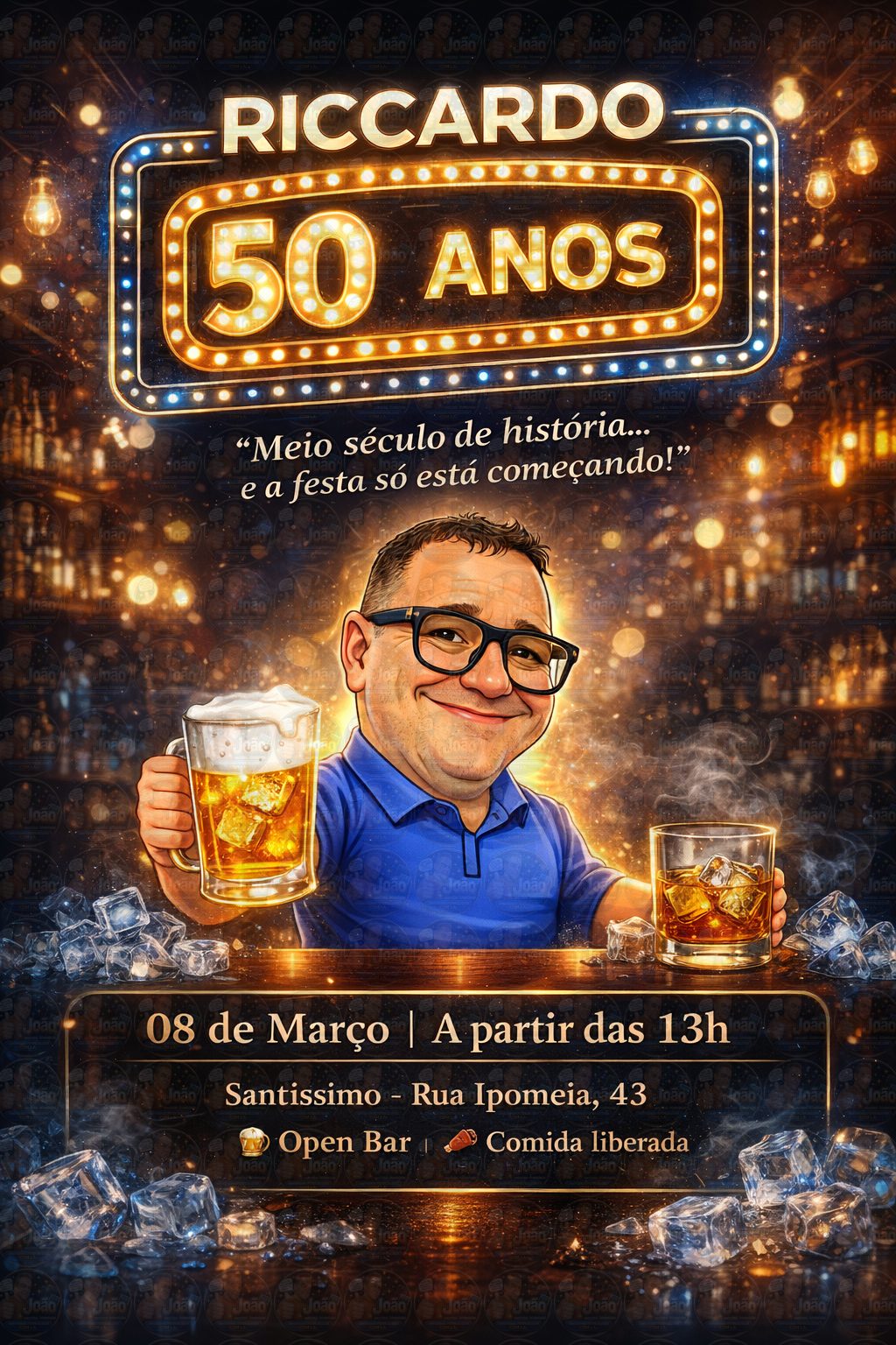 Convite Digital Personalizado 50 Anos com Caricatura | Tema Boteco Masculino