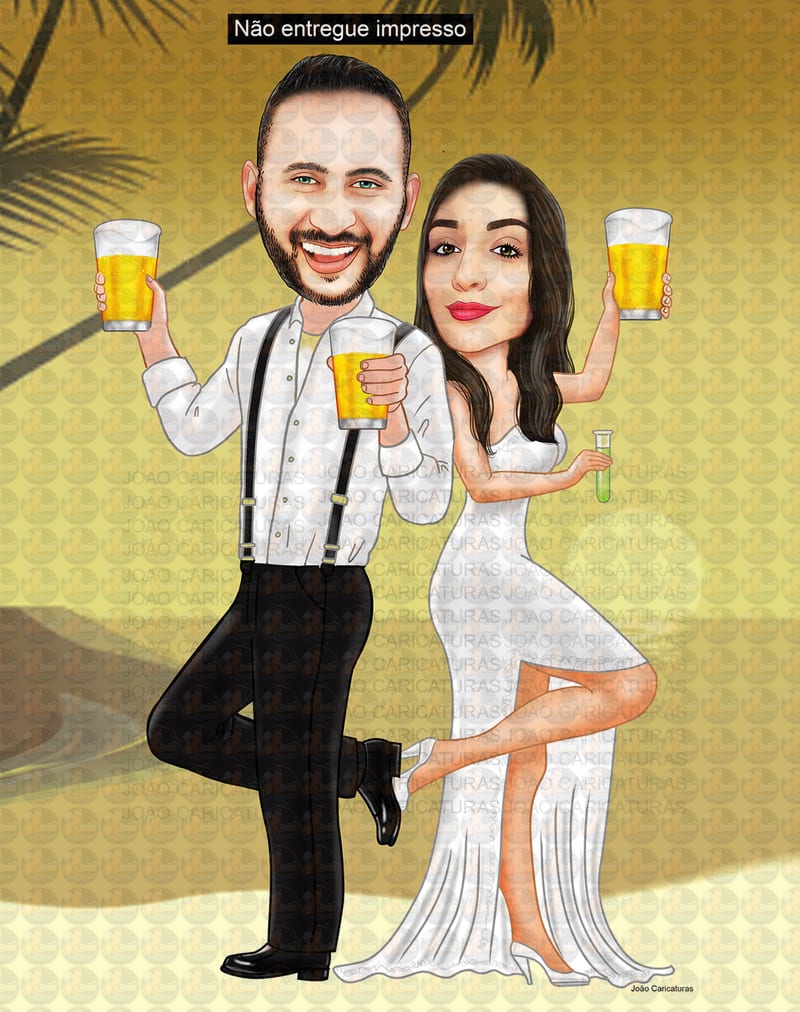 Caricaturas casamento, casal de noivos bebendo, comemorando em luau,praia, coqueiros,sol se pondo, correntes, cadeado, violão, cantor, músico, tocador